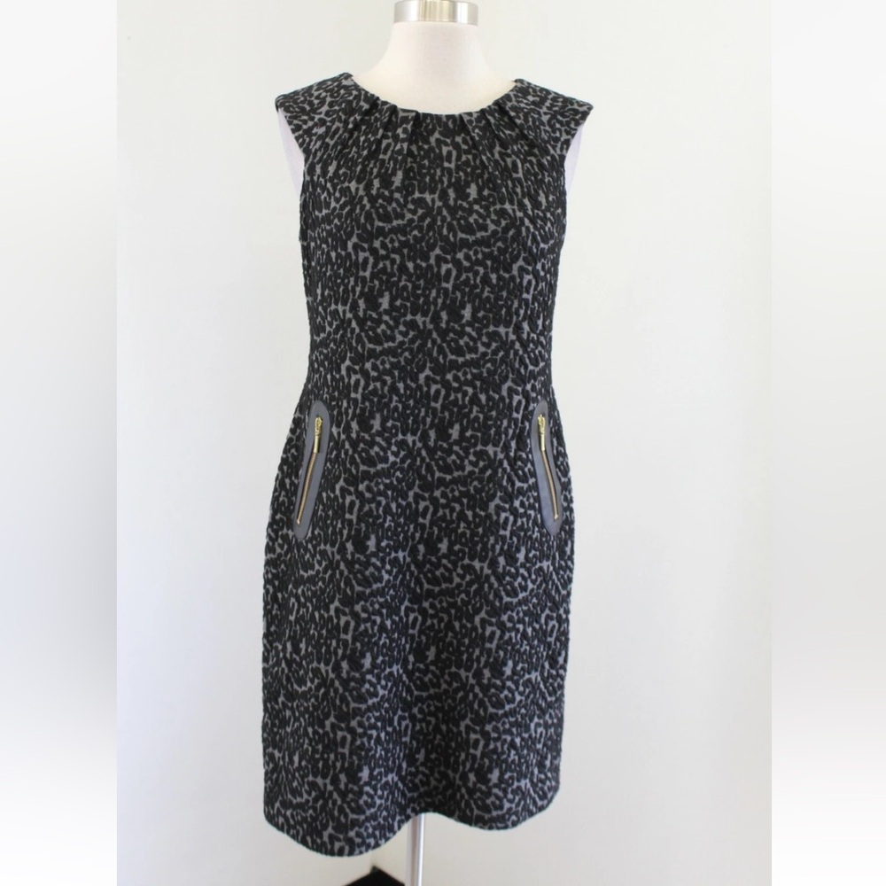 Eliza J Black Charcoal Gray Cheetah Print Textured Knit Sheath Dress Size 10